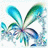 Pixelated abstract shape with four wing-like extensions in blue and green hues on a white background.