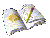 Open book with yellow pencil resting on pages, displayed in six positions against gray background