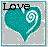 Pixelated teal heart with spiral pattern and black 'Love' text above, framed by light blue border on gray background.