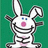 Pixelated bunny character with blue eyes and pink nose on green background, first frame shows open mouth, second frame shows text overlay.
