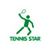 Static pixelated green icon of a tennis player in mid-serve pose with racket and ball, standing on a solid base with partially visible text below.