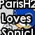 Blue anthropomorphic hedgehog with green eyes and tan muzzle appears in two poses against gray background, text overlays read 'ParisH2', 'Loves', 'Sonic' in bold white letters.