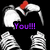 Pixelated character with white hair and red hair accessory, wearing black shirt and white sneakers, with purple text "You!!!" below.