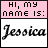 Pixelated graphic with pink top section reading 'HI, my name is:' and white bottom section displaying 'Jessica' in cursive script.