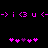 Pixelated pink and purple symbols on black background with repeated patterns of arrows, letters, numbers, and hearts.