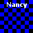 Blue and black checkered background with four instances of the text 'Nancy' in white pixelated font, each positioned in a corner of the