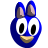 Blue cartoon character with large white eyes, brown inner ears, and a yellow beak-like mouth in two expressions.