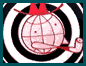Animated globe character with red top and arm, black-and-white target background, mouth changing shape across frames.