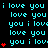 Cyan text 'i love you' repeated across black background with red heart symbols scattered throughout.