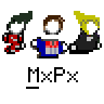 Animated contact sheet of 10 pixel art frames showing a cartoon band performing, with repeated "MxPx" text below each frame on gray background.
