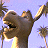 Pixelated image of a brown animal with a long neck and head raised, set against a light blue background with blurred tree shapes.