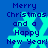 Blue background with cyan snowflakes and dark blue text reading "Merry Christmas and a Happy New Year!" in pixelated font.