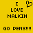 Yellow background with black pixelated text and symbols: 'I' above a heart, then 'LOVE', 'MALKIN', and 'GO PENS!!!!' in four lines.