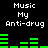 Black background with white pixelated text "Music My Anti-drug" and green audio equalizer bars in two , showing animated bar height changes