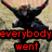 A figure in black clothing with red-tipped horns performs a martial arts pose against a textured beige background, overlaid with red text reading "everybody went kung fu fighting".