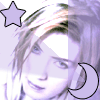 A static image shows a person with light brown hair and blue eyes, featuring a purple star in the top-left corner and a purple crescent moon in the bottom-right corner.