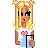 Pixelated character with blonde hair styled in pigtails, holding a blue object and wearing a white shirt with pink heart design.