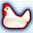 Pixelated cartoon chicken icon with red outline and white body on blue gradient background, static single-frame image.