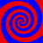 Four red and blue spiral patterns arranged in a on a solid background