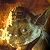 Pixelated static image of a character with glowing effects and warm color tones, likely from Star Wars Episode II.