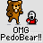 Pixel art animation of a brown bear and small red-shirted figure with white helmet, displaying walking cycle and text "OMG PedoBear!!" below.