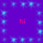 Purple background with blue square sparkles and four red 'hi' texts in corners.
