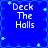 Blue background with white text reading "Deck The Halls" in four quadrants, surrounded by light blue star and diamond shapes.