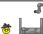 Yellow cartoon face with black hair and neutral expression suspended by robotic arms over gray industrial machinery, transitioning through stages of green liquid interaction.