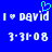 Blue background with white pixelated text reading "I ❤️ David" and "3-31-08" in two , with a cyan heart symbol above the text