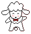 Pixel art contact sheet showing two frames of a white sheep mascot with red bow tie and blush marks performing different poses against gray background.