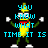 Pixelated banana character with green limbs and red mouth displays text overlays on black background.