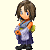 Pixelated character in traditional-style clothing with brown hair, blue eyes, and a green sash, shown in multiple poses against a light background.