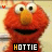 A contact sheet of 8 animated frames showing a red furry Sesame Street character with an orange nose and black mouth, each frame displaying the word "HOTTIE" in varying color schemes below the character's face.
