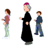 Animated sequence of a woman in black robe and pink head covering interacting with children in various poses against gray background.