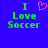 Blue background with green text reading "I Love Soccer" and a pink pixelated heart symbol above the word "Love".