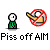 Pixelated cartoon figure in green shirt with white head and black eyes, repeatedly shown with red prohibition symbol over hand gesture while text bubbles display phrases like "HEY THERE" and "Piss off AIM."