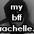 Black-and-white image of a person with long hair wearing a dark hat and sleeveless top, text overlay reads 'my bff rachelle.'