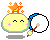 Pixelated character with yellow face, closed eyes, pink blush marks, orange star on head, and white circular prop with blue border.