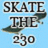 Pixelated static image with bold black text reading "SKATE THE 230" on a light blue background, featuring dark green pixel clusters resembling motion trails.