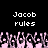Pixelated text 'Jacob rules' appears twice on a black background above a of pink and gray pixelated shapes resembling hands or fingers