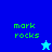 Pixelated green text 'mark rocks' on blue and cyan backgrounds with a small star icon.