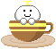 Pixel art of a white spherical character with black eyes and mouth, yellow antenna, brown cup with yellow stripes on saucer, multiple poses showing head movement and hand positions.