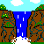 Pixelated landscape with brown rocky cliffs, green vegetation, blue waterfalls, white clouds, and splashing water droplets against a light blue sky.