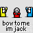 Pixel art animation of a character in red clothing bowing with yellow and blue hands, with text 'bowtome imjack' below.