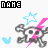 A pixelated skull with crossed bones, pink lightning bolt across eyes, blue star above head, and light blue wing-like shapes on sides.