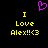 Pixelated yellow text on black background reads "I Love Alex!!<3" with a pink heart symbol above the left instance of the phrase.