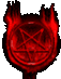 Red circular icon with inverted pentagram inside, surrounded by animated flames in varying intensity and shape across frames.