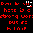 Red pixelated text on black background reads 'People say hate is a strong word but so is LOVE.' with white cursor-like symbol.
