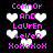 Pixelated pink text and white hearts on black background, with animated heart positions shifting across frames.