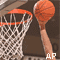 Pixelated basketball hoop with orange rim and white net, a player's arm holding an orange ball above the hoop against dark background.